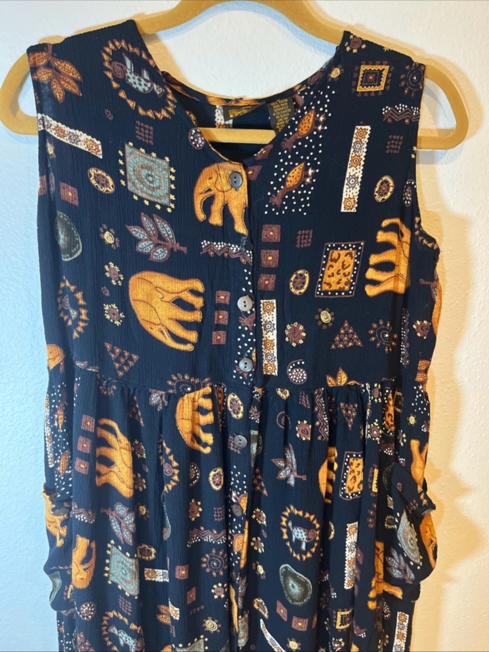 Btg Bila Midi Dress Womens L Boho Hippie Elephants Button Front Sleeveless Baggy - Picture 5 of 12